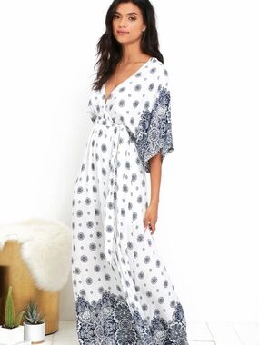 Lulu's White and Navy Printed Wrap Maxi Dress